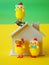 Chickens, wooden house and coins