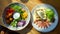 Chickpea falafel salad and gluten-free waffle with poached egg and salmon