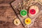 Chickpea hummus backdrop, assorted flavor on vintage wooden table