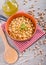 Chickpea soup in terracotta bowl.