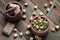 Chickpea stew with spinach on rustic wooden background. Traditional Spanish recipe