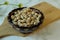 Chickpea in the wooden bowl on top of cutting board