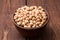 Chickpeas biological on dark wooden table.