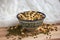 Chickpeas, lentil and mung on wooden background