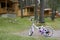 Chidren pink bicycle in wooden cabin mountain