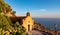 Chiesa di San Biagio of Castelmola with panoramic view on coastline of Ionian Mediterranean sea near Taormina, Sicily, Italy