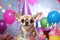 Chihuahua birthday: party hat pup in festive room