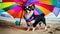 Chihuahua cute dog on the beach under umbrella happy dog on vacation, generative ai.