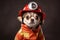 Chihuahua Dog Dressed As A Fireman At Work