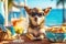 Chihuahua dog is relaxing on the beach with a cocktail. Resort holiday concept. Generative AI