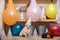 Chihuahua dog sits in a festive birthday interior among balloons with a birthday cap on his head.