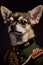 Chihuahua dog wearing military army uniform, service dog, creative headshot portrait. Generative AI