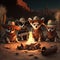 Chihuahua dogs like Mexican bandits with guns sitting around a campfire. Generative AI