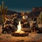 Chihuahua dogs like Mexican bandits with guns sitting around a campfire. Generative AI