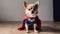 Chihuahua dressed as a super hero on the background of the apartment.