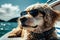 Chihuahua in fashion sunglasses whole body lying on the yacht and traveling at the beach, relaxes and basks in the sun, vacation