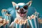 Chihuahua with glasses and popcorn enjoys a movie on his blue couch, Generative AI