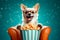 Chihuahua pet with glasses and popcorn, enjoying a movie in his home,Generative AI