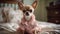 A chihuahua in a pink dress standing on a bed created with Generative AI