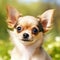 Chihuahua puppy portrait on a sunny summer day. Closeup portrait of a cute purebred Chihuahua pup in the field. Outdoor portrait