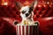 chihuahua sitting in cinema with popcorn