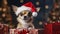 Chihuahua small dog in Santa Claus hat. Chihuahua. Christmas holidays with dogs banner poster. AI generated