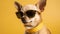 A chihuahua wearing sunglasses and a yellow collar on yellow background. Generate AI