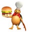 Chiken cartoon character with chef hat and burger