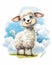 A chil cartoon sheep with a happy face is standing in a field