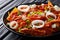 Chilaquiles Mexican nachos with tomato salsa, chicken and cheese
