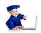 Child in academician clothes using laptop