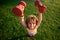 Child activity. Funny sport. Kid with dumbbells. Wide angle.