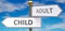 Child and adult as different choices in life - pictured as words Child, adult on road signs pointing at opposite ways to show that