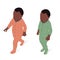 Child of afro ethnic origin, standing and walking, isometric view, full body. Vector illustration