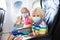 Child in airplane in face mask. Virus outbreak