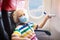 Child in airplane in face mask. Virus outbreak