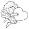 Child angel character is drawn in outline holding a heart in his hands, sketch, coloring, isolated object on a white