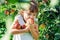 Child with an apple. Selective focus. Garden.