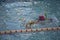 Child athlete swims in the pool. Swimming section