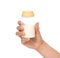 Child baby feeding bottle container with milk in hand