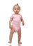 Child baby girl kid toddler in pink body cloth make first steps