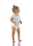 Child baby girl kid toddler in white body cloth make first steps