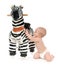 Child baby toddler play with big zebra horse toy