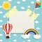 Child background with rainbow, sun, cloud, kite and balloon. Place for text. Vector Illustration