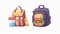 A child backpack and lunchbox for school illustration. A sandwich and snack in a plastic container for breakfast or