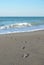 Child barefoot footprints in sand on beach