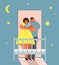 Child bedtime, happy mother and father lull baby to sleep in cradle. Bedroom family scene with parents and newborn.