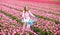 Child on bike in tulip field. Bicycle in Holland