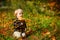 The child is a blond boy with autumn leaves. Happy child dreams outdoors in autumn. Dreams of children in autumn Park