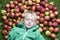 Child blond boy lying - resting on the green grass background with pile of apples
